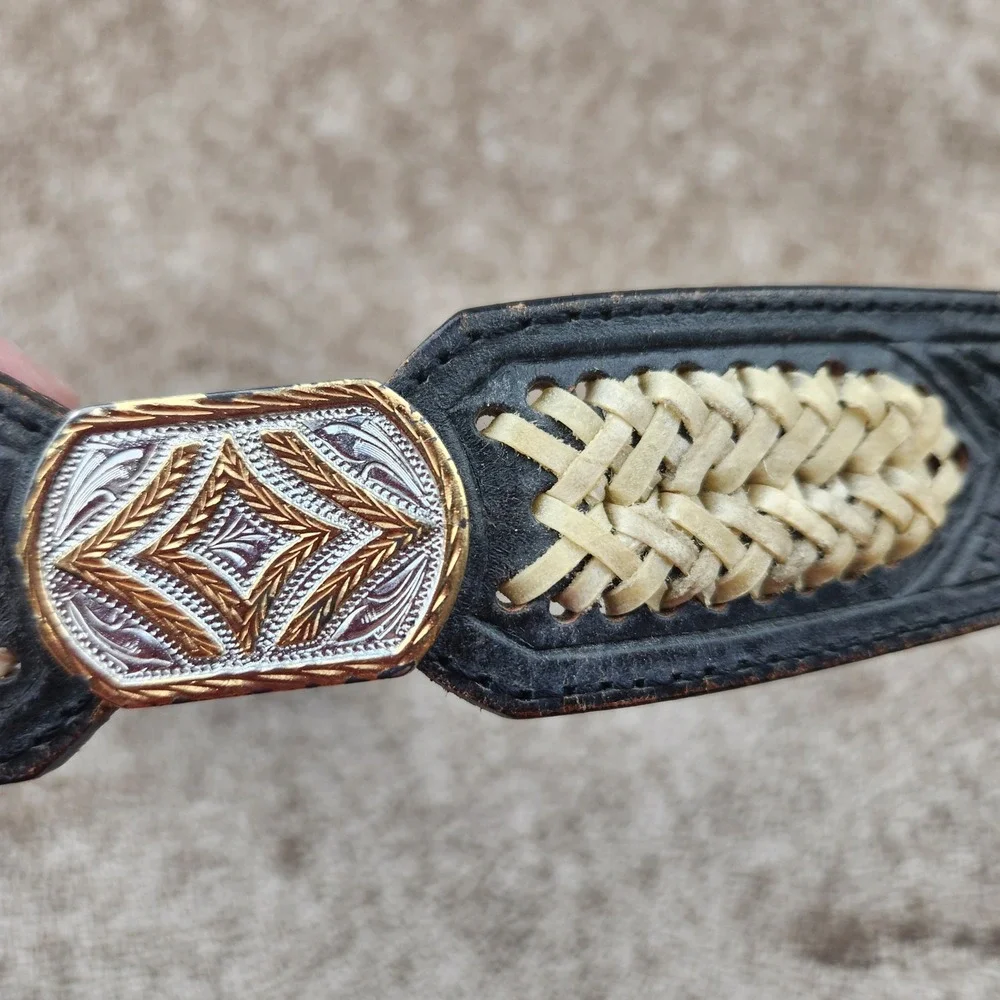 Justin Black Leather Western Basketweave Belt Braided Concho 75603 Size 30